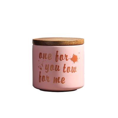 China Nordic Microwavable Ceramic Jar With Lid Wooden Kitchen Storage Jar Table Decoration Can For Candy Snack for sale