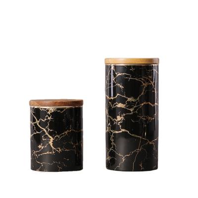 China Microwavable Kitchen Storage Jar Box Home Decoration Marble Grain Storage Bin Food Sealed Jar With Wooden Lid for sale