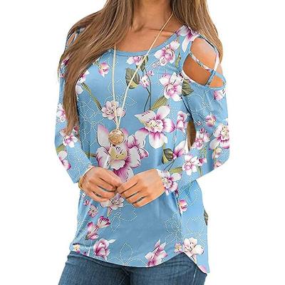 China Geometric Print Women's Tops Anti-Wrinkle Off Shoulder Casual Loose Crewneck Long Sleeve Blouse Fashion Clothing Shirts Custom T-Shirt for sale