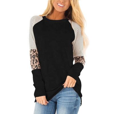 China Anti-Wrinkle Women's Tunic Tops Ladies Leopard Blouses Loose Fit Casual Crew Neck Patchwork Long Sleeve T-Shirt for sale