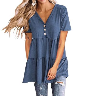 China Anti-Wrinkle Women's Tops V-Neck Sleeve Pullover Solid Color Patchwork T-shirt Dress Summer V-Neck Short T-Shirt for sale