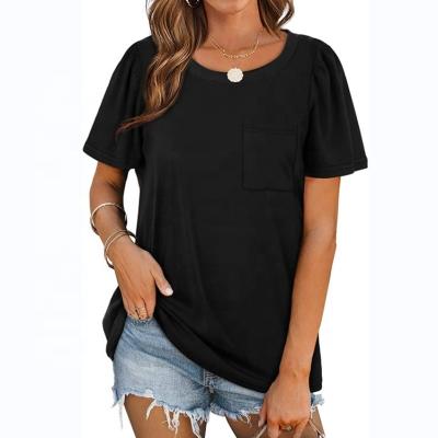 China Anti-Wrinkle Women Crew Neck Puff Sleeves With Pocket Loose And Casual Custom T-shirt Polyester Shirts Tops Summer Short Sleeve for sale