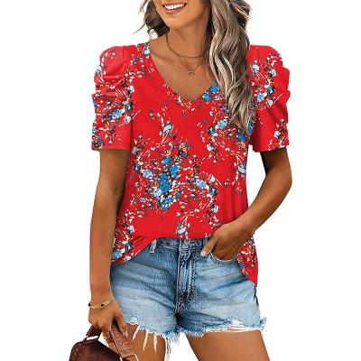 China Anti-Wrinkle Women Summer Tops Casual Loose Polyester Hawaiian Shirt Sleeve Blowout T-shirt Print Custom Made V-Neck Tee for sale