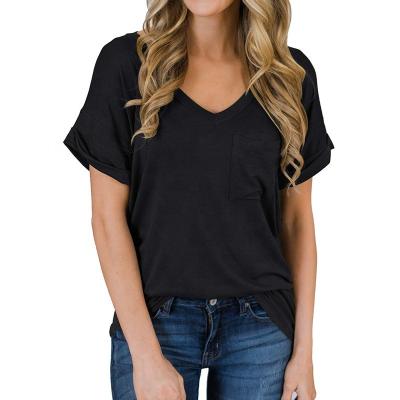 China Anti-Wrinkle Women's Shirts Tops And Blouses Ladies Summer Casual Loose Fit Solid V-Neck Short Sleeve T-Shirts for sale