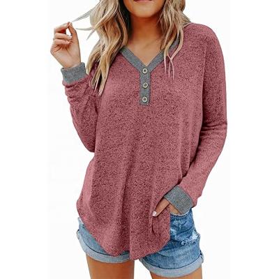 China Custom Anti-wrinkle Women T-shirt Rounded Edge V-Neck Button Decoration Long Sheath Casual Loose Shirts Tunic Tops And Blouse for sale