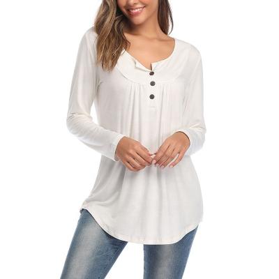 China Anti-Wrinkle Women's Tunic Tops Casual Loose Button Up Blouses Ruffle Front Shirts Ladies V-neck Long Sleeve T-shirt for sale