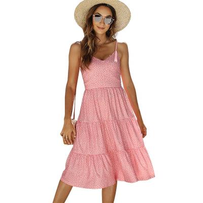 China Anti-wrinkle Women's Summer Casual Beach Dresses Guest Tiered Swing Wedding Spaghetti Strap Midi Dress Boho Sun A Line Dress for sale