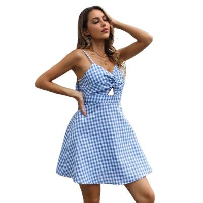 China Anti-wrinkle summer fashion plaid backless cotton and tuck-in front V-neck beach holiday strapless sexy a-line dress for sale