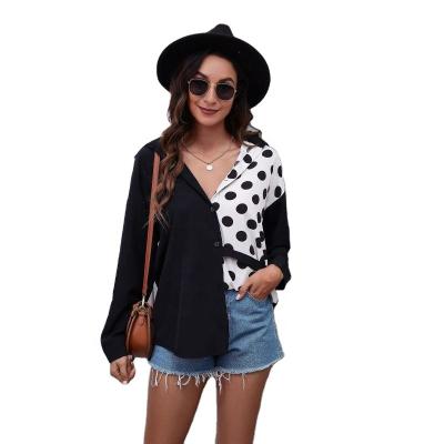 China Anti-pilling polka dots autumn quilting asymmetric button shirts ladies fashion american national standard blouse women's long sleeve puff tops shirt for sale