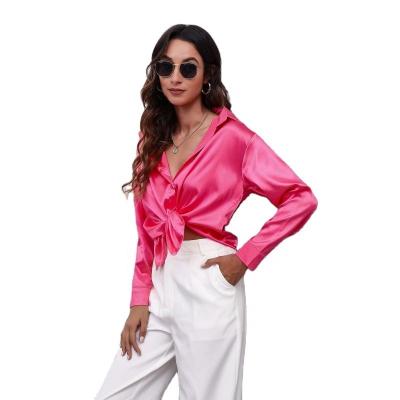 China Anti-pilling Women's Tops Solid Color Satin Shirts Ladies Office Business Simulated Silk Long Sleeve Blouse Button Shirts for sale