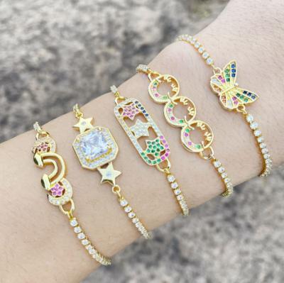 China Trendy Colorful Cubic Zircon Butterfly Charm Bracelet Gold Plated Chain Crystal Bling Rainbow Color Pullable Tennis Bracelet for sale