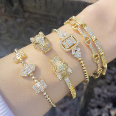 China Hot Selling Double Layer Zircon Stone Hog Nose Cuff Bracelet CZ Fashionable Micro Paved Shiny Open Bangle Bracelet for sale