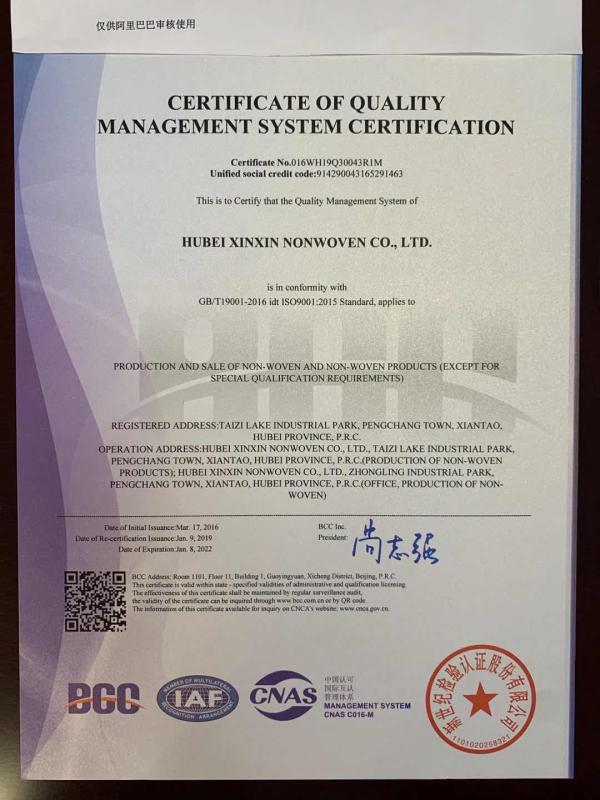 ISO9001 - Hubei Xinxin Non-Woven Co., Ltd.