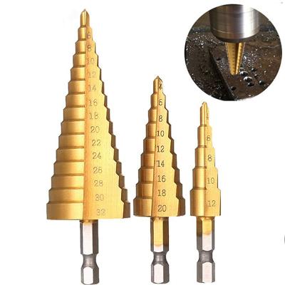 China Metallurgical High Speed ​​Steel Titanium 4-12, 4-20, 4-32 M2 Bits Set 3pcs Set Hex Shank Straight Flute Cone Step Drill Bits for sale