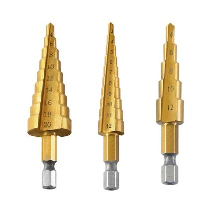 China M2 Metallurgical Titanium Metal Drill Bits 4-12, 4-20, 4-32 3pcs Cone Bit Set Spiral Flute Hex Shank HSS Step Drill Bit for sale