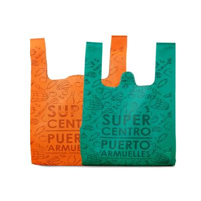 China Custom Handled Logo Supermarket Reusable Vest Factory Price Stock U Cut Non Woven T-Shirt Tote Bag for sale