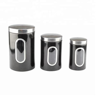 China Freshness Retention Tea Coffee and Sugar Canisters with Window, Stainless Steel, Black, Set of 3 for sale