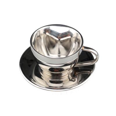 China Sustainable Coffee Cup Stainless Steel Heart Shape Double Wall Insulated Espresso Cup With Saucer for sale