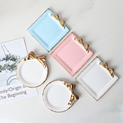 China European Ceramic Bow Jewelry Tray, Small French Coaster, Ceramic Ring Storage Tray for sale