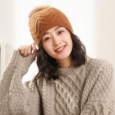 China 2021 Autumn Winter Women's Best JOINT Popular Herringbone Small MOQ Knitted 100% Real Cashmere Pom Pom Hat for sale