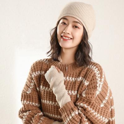 China 2021 New Winter Sales COMMON Warm Top Grade Cashmere Cashmere Ribbed Rolled Brim Hat 100% Slouchy Beanie for sale