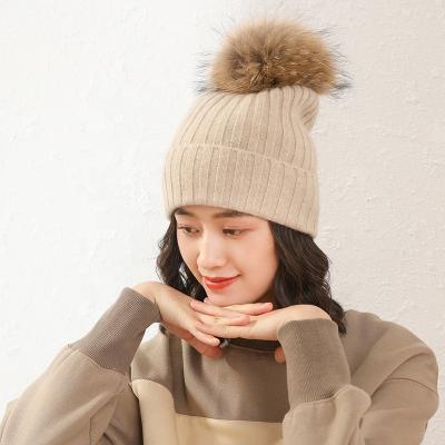 China COMMON winter ladies warm fashion ready to ship big rib knitted cashmere cuffed beanie with fur pom for sale