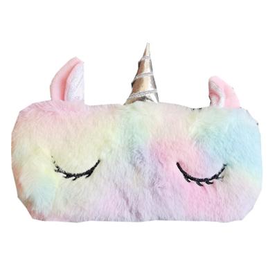 China Fashionable Cute Custom Made Rainbow Faux Fur Pencil Case Women Invent Purse Girls Fluffy Faux Rabbit Fur Makeup Storage Cosmetic Bag for sale