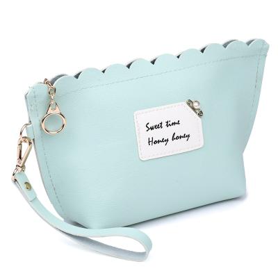 China Custom Screen Print Beautiful Wholesale Cute Faux Leather Lace Printing Logo Women Pouch Small Makeup Bag Cosmetic With Hand Strap for sale