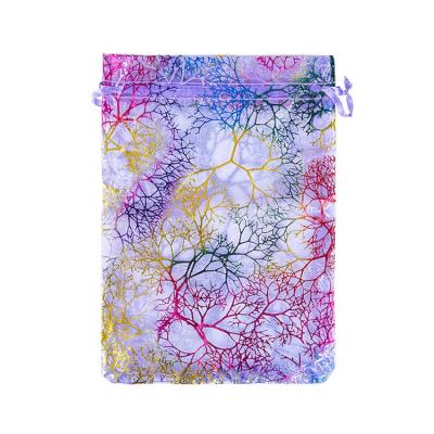 China Luxury Cheap Colorful Portable Coral Pattern Organza Bags Gift Packaging Pouch 20x30cm for sale