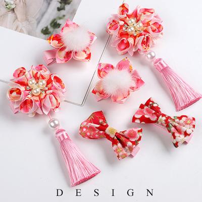 China Chinese New Year Japanese Style Cloth Opens Floral Ethnic Children's Retro Hanfu Flower Children's Antique Style Tassel Bow Barrettes for sale