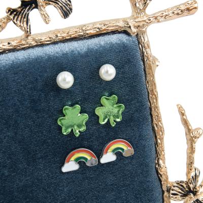 China Veijer 3pc/set Cute St Patrick's Day Jewelry Silver Stud Earrings Cute Rainbow Pearl For Women Girls Clover Alloy Green QC Check for sale