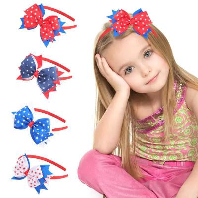 China Children's Hair Decoration Veijer 4th July USA Independence Party Headwrap Kid Double Layer Patriotic Bow Headband Children's Hair Decoration for sale