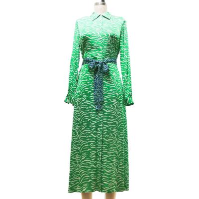 China New Sustainable OEM Spring And Summer Casual Elegant Long Dress For Women Printed Long Sleeve Maxi Dress With Belt for sale