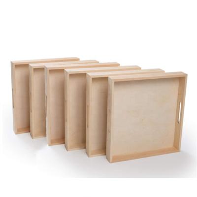 China 2022 eco-friendly set of 6 square farmhouse natural unfinished wood trays with handles for sale