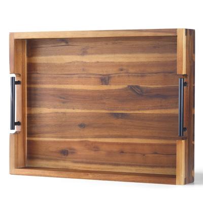 China High Quality Eco-Friendly Cheap Custom Acacia Wood 16.5 Trays With Black Metal Handles for sale