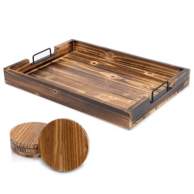 China Eco-Friendly Hotel Rectangle Shipping Plant Wood Tray With 4 Round Coasters for sale