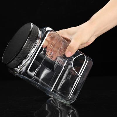 China Pinch Handle Clear Plastic Gallon Storage Jars PET Square Jars With Black Ribbed Caps for sale