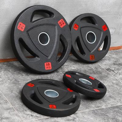 China Fluororubber Gym Commercial 50MM Diameter 2.5-25KG Various Three-Hole Cast Weight Plate Rubber Coated Barbell Disc for sale