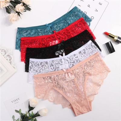 China Viable Sexy Women's Panties Lace Up Underwear Slack Hippy Briefs Lingerie Mid Waist Transparent Seamless Breathable Briefs Black Red for sale