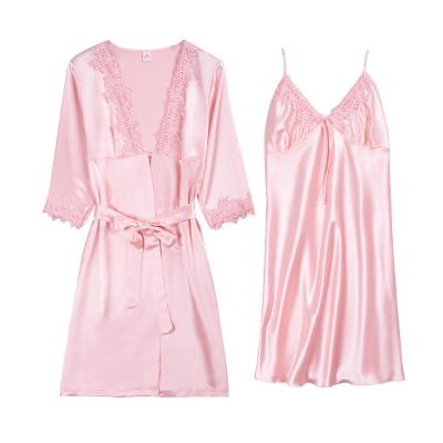 China QUICK DRY Women's Satin Robe, Bride Lace Shorts Kimono Bathrobe For Party, Bride Lingerie Nightgown Loungewear Pajamas Set for sale