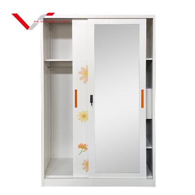 China Modern design metal wardrobe fabric design almirah sliding door pattern printed hanging steel wardrobe for bedroom for sale