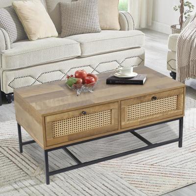 China Wholesale Modern KD Living Room Furniture Rattan Rack 2 Layers Rattan Wood Furniture With Drawer Table Rattan Coffee Table for sale