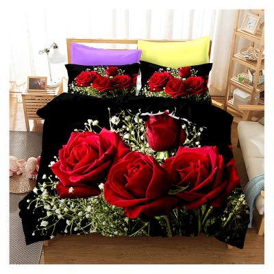 China Folded 3D Digital Printing 100% Polyester 3PCS/ 4PCS Bedding Set Floral Rose Duvet Cover Set Bed Sheets Wholesale Bedsheets Sets for sale