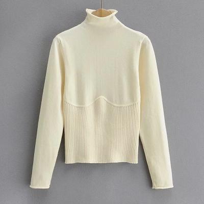 China 2021 winter long chic knitted female turtle neck women Za stitching pronounced sleeve upper thin patchwork pullover breathable knit sweater for sale