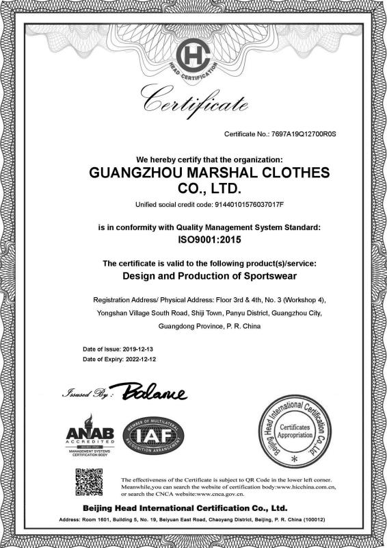 ISO9001 - Guangzhou Marshal Clothes Co., Ltd.