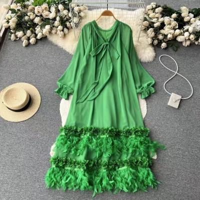 China Anti-wrinkle Fashion 2023 New Autumn Long Sleeves Ladies Dress Heavy Industry Feather Tassel Long Skirt  Loose Women's Casual Dresses for sale