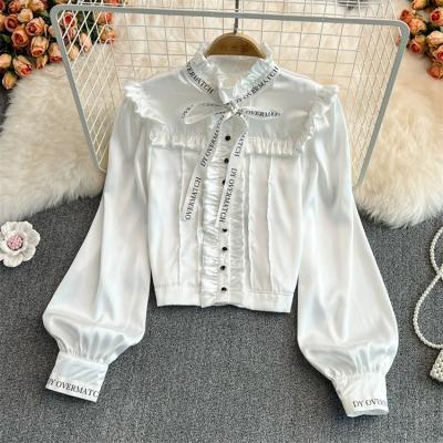 China Anti-wrinkle Autumn Fashion 2023 Long Sleeve Wood Ear Shirts Half Turtleneck Blouses Cropped Women's Top Wholesale Clothing for sale