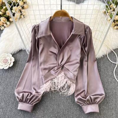 China Anti-wrinkle Autumn Fashion 2023 V-Neck Long Sleeve Navel Cropped Women's Blouses Satin Tassel Shirts Ladies Casual Tops Women for sale