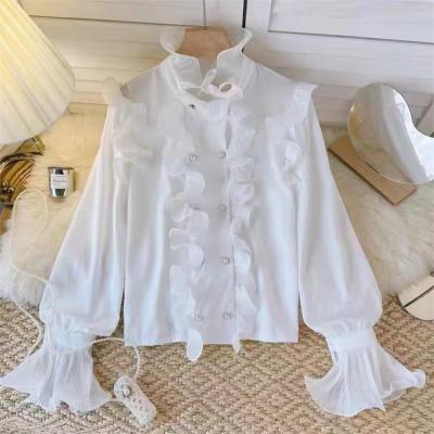 China Anti-wrinkle Autumn New 2023 Fashion Ladies Blouses with Wood Ears Vintage Pleated Flare Long Sleeve Top Chiffon Women Shirt for sale