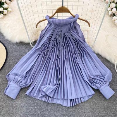 China Anti-wrinkle Autumn European Station Loose Women's Blouse Halter Neck Off Shoulder Shirts Ladies Lantern Sleeves Pleated Tops Clothes for sale